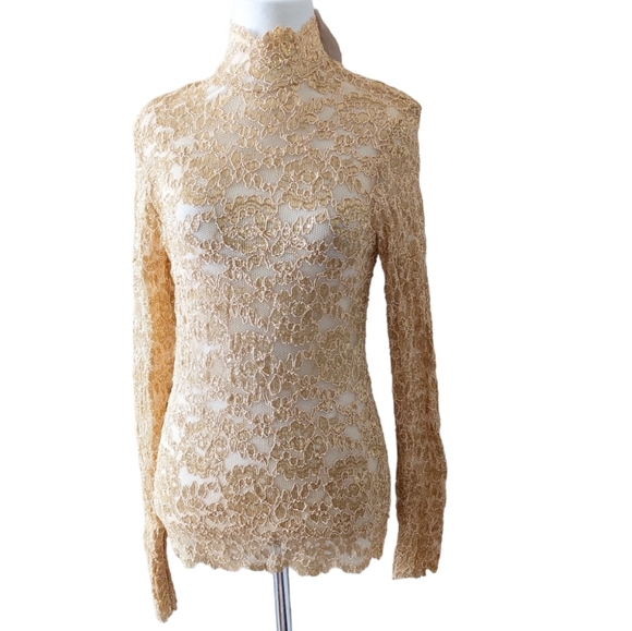 Lew Magram Tops - Vintage Lew Magram Gold Lace Top Medium See Through High Collar Sparkle Keyhole